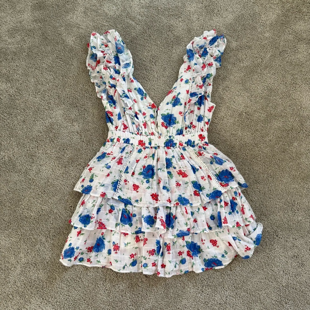 LoveShackFancy White Dress with Blue and Red Floral Pattern